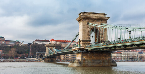Naklejka premium Panorama of Budapest, Hungary, Europe. Danube river and bridges
