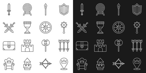 Set line Location king crown, Crossed arrows, Medieval chained mace ball, spear, goblet, medieval sword, and Round wooden shield icon. Vector