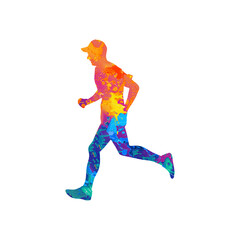 Fototapeta na wymiar Watercolor jogging boy, Watercolor runner with cap, Watercolor sport