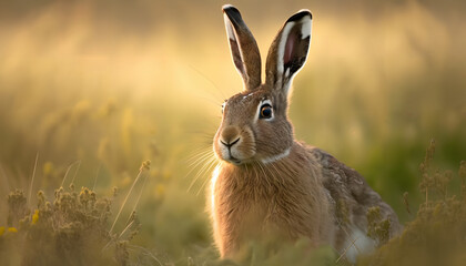 European hare stands in the grass and looking at the camera. Lepus europaeus - obrazy, fototapety, plakaty