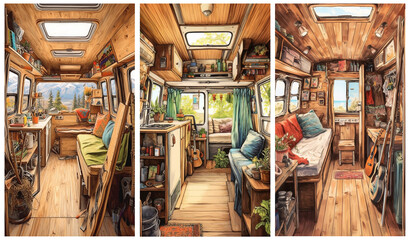 Set of watercolour vintage camper van interiors. Greeting cards and envelopes artwork