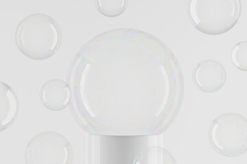 Soap bubble on pedestal. Copy space. 3d rendering