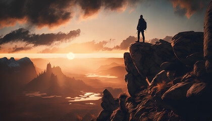 Man standing on top of cliff at sunset