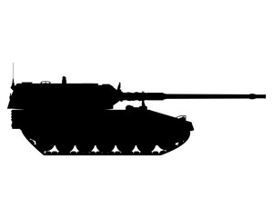 Self-propelled howitzer silhouette. German 155 mm Panzerhaubitze 2000. Military armored vehicle. PNG Illustration.