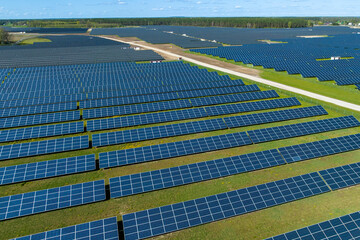 Aerial shot top view of solar panel photovoltaic farm in Poland