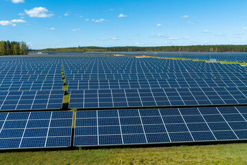 Aerial shot top view of solar panel photovoltaic farm in Poland