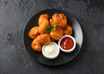 Battered chicken balls with tomato ketchup, mayonnaise on black plate. Party food