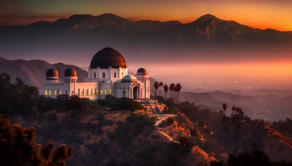 Obraz premium Historic famous Griffith Park Observatory at Sunset with Los Angeles city lights sparkling in background and Catalina Island in distance