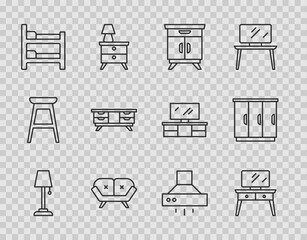 Set line Floor lamp, Dressing table, Furniture nightstand, Sofa, Bunk bed, TV, Kitchen extractor fan and Wardrobe icon. Vector