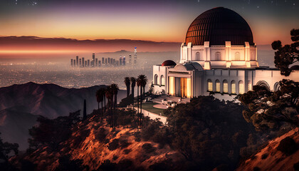 Historic famous Griffith Park Observatory at Sunset with Los Angeles city lights sparkling in background and Catalina Island in distance - obrazy, fototapety, plakaty