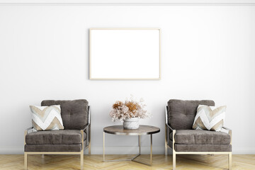 A4 frame mockup in living room with grey armchair