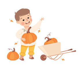 Cute little boy harvesting pumpkins in autumn. Happy kid playing outdoors cartoon vector illustration
