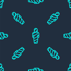 Green line Egypt mummy icon isolated seamless pattern on blue background. Vector