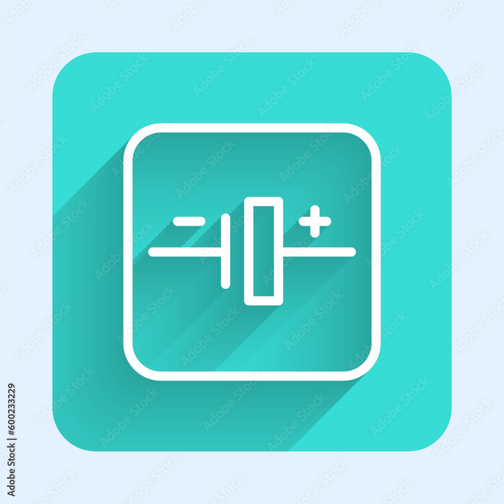Poster white line dc voltage source icon isolated with long shadow background. green square button. vector