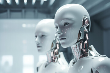 The Future. Couple of smart futuristic humanoids. Two beautiful female robots. Artificial Intelligence. Ai generated art