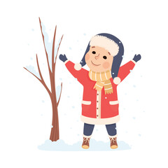 Happy kid playing outdoors in winter season cartoon vector illustration isolated on white background