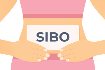 woman holds card with SIBO (small intestinal bacterial overgrowth)) diagnosis on her belly - vector illustration