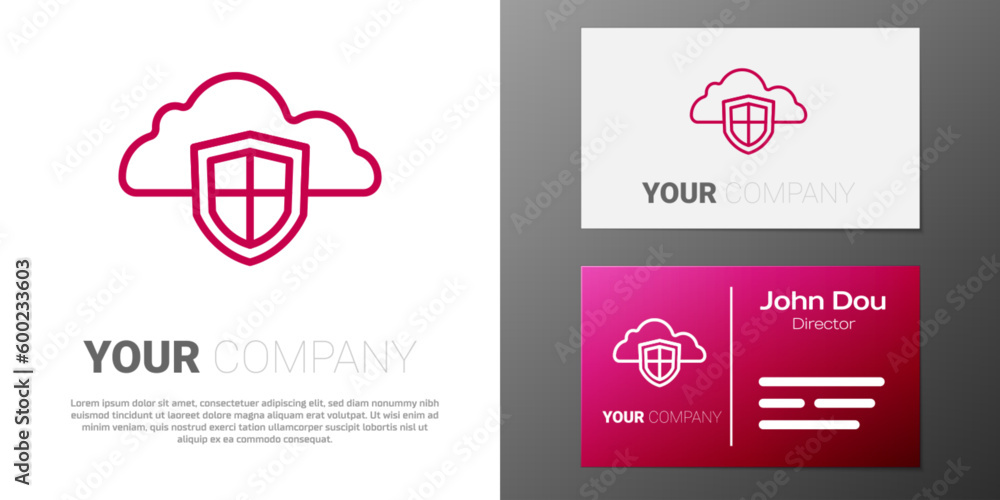 Poster logotype line cloud and shield icon isolated on white background. cloud storage data protection. sec