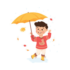 Cute little boy walking with umbrella in rain. Happy kid playing outdoors cartoon vector illustration