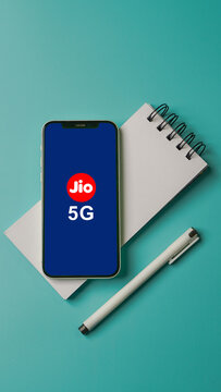 Jio 5G displayed on a mobile phone screen, also known as Reliance Jio Infocomm Limited: Kolkata, India - May 08 2023