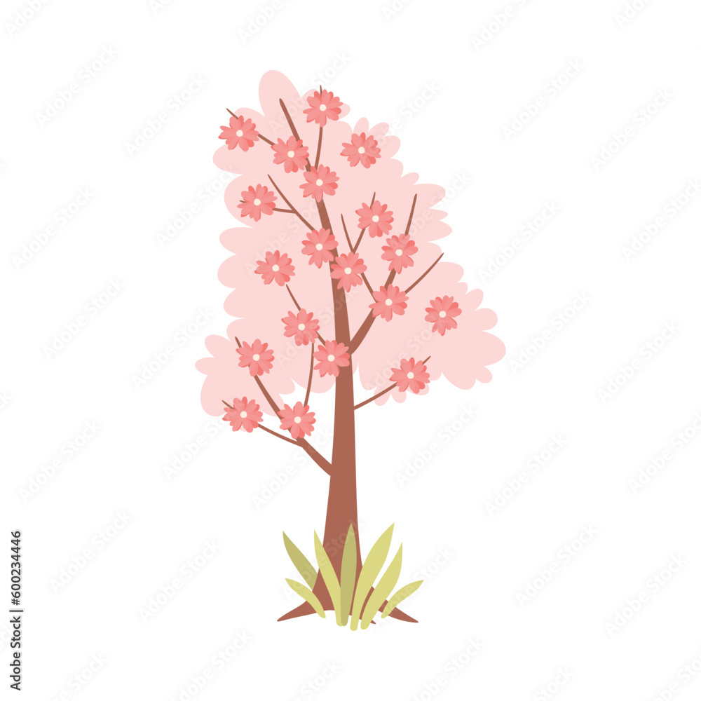 Wall mural beautiful blooming tree, spring season symbol cartoon vector illustration