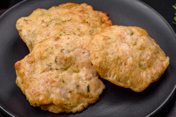 Delicious fried chopped fillet pancakes with spices, salt and herbs