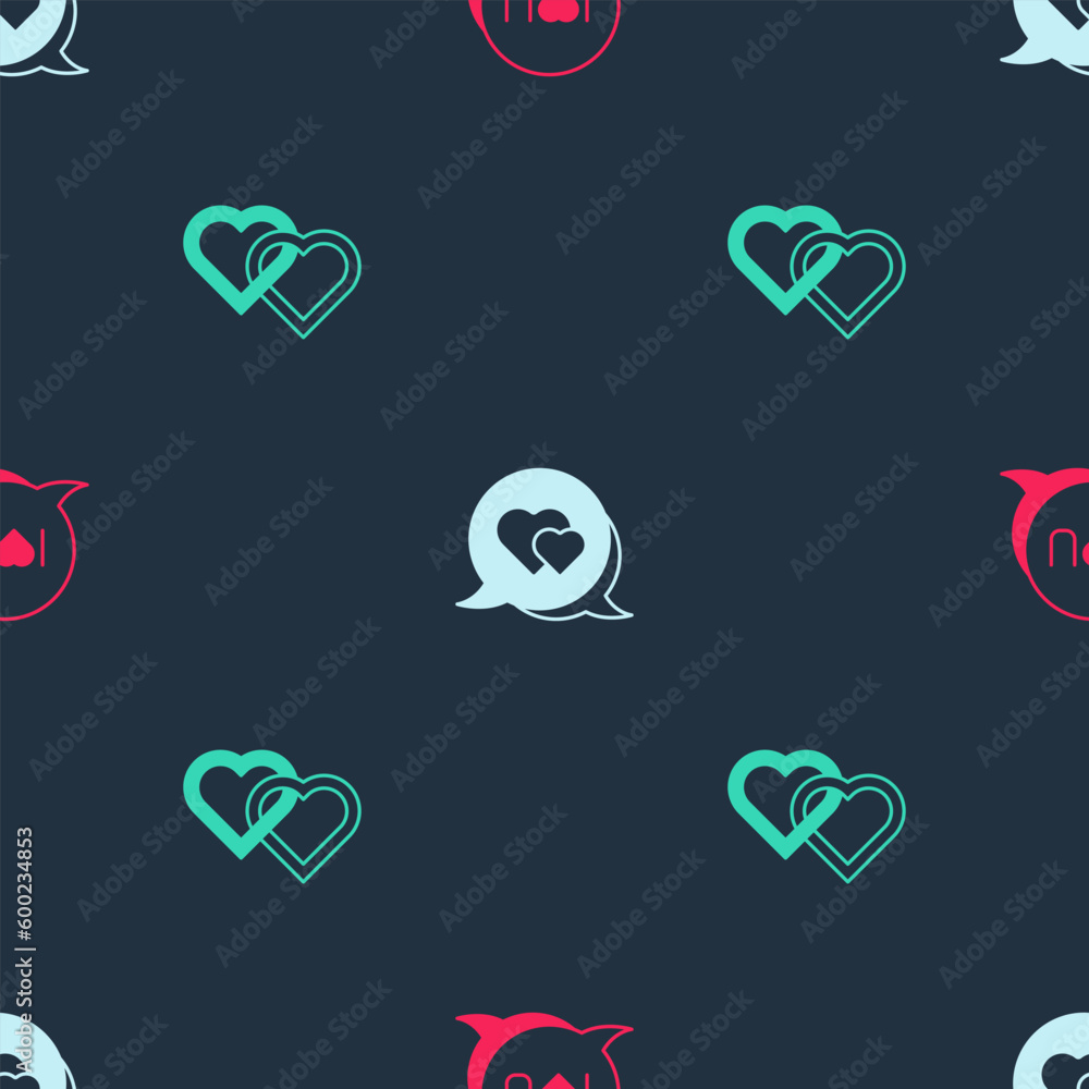 Poster set speech bubble text i love you, heart in speech and two linked hearts on seamless pattern. vector