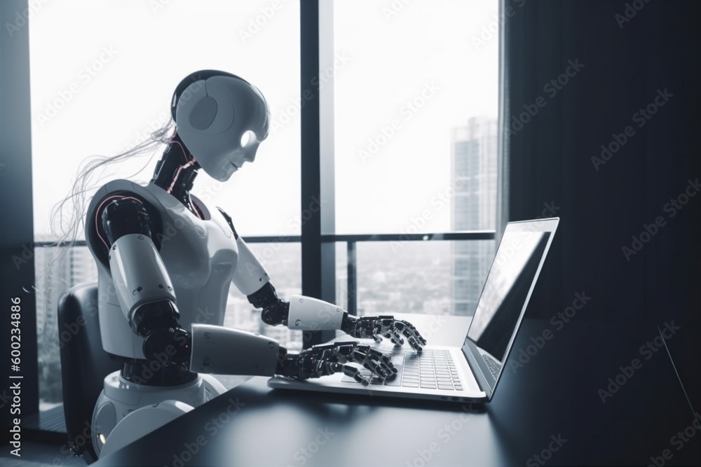 Aufkleber office digital paper artificial ai document technology hand laptop robot. generative ai.