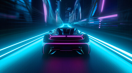 Obraz na płótnie Canvas Neon Velocity: A Thrilling Cyberpunk-Inspired Tron Style Illustration of a Sports Car Blazing Across the Road, Crafted by Generative AI