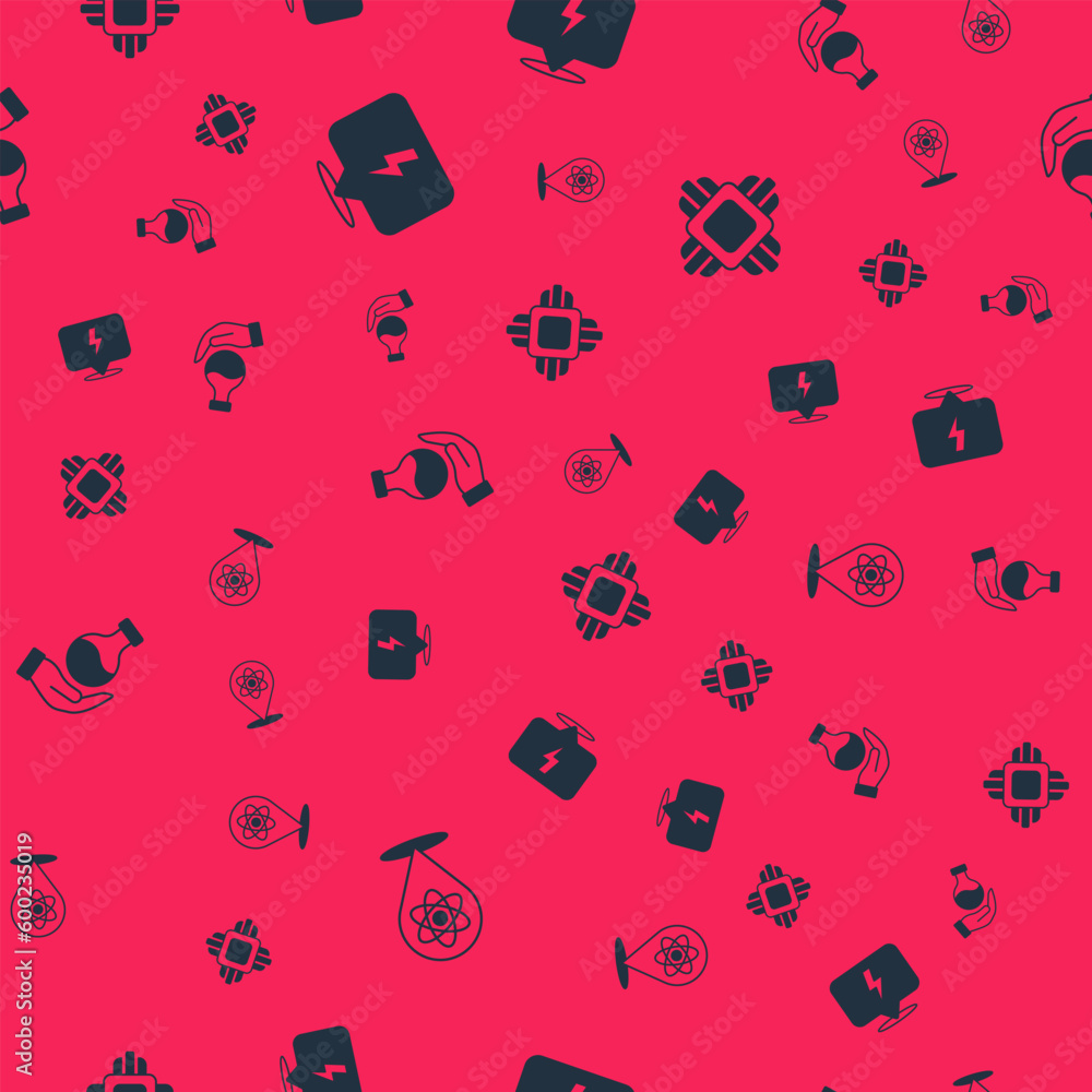 Poster set atom, lightning bolt, test tube and processor cpu on seamless pattern. vector