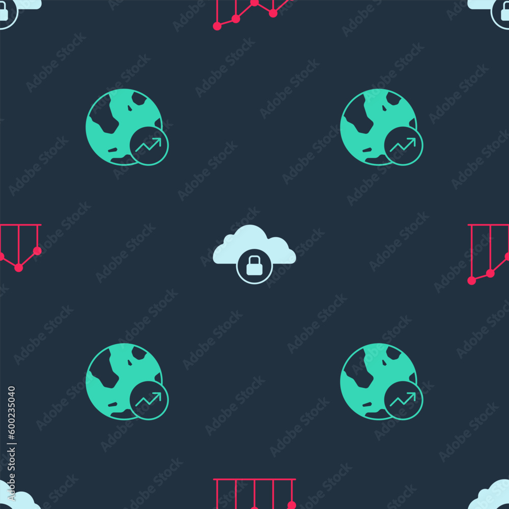 Poster set pie chart infographic, cloud computing lock and financial growth on seamless pattern. vector