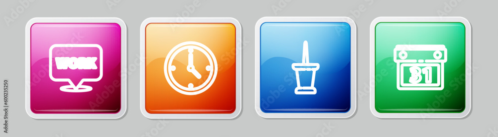 Poster set line location with text work, clock, push pin and calendar. colorful square button. vector