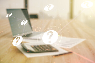 Double exposure of abstract virtual question mark hologram on blurry calculator with laptop background. Sociology and psychology concept