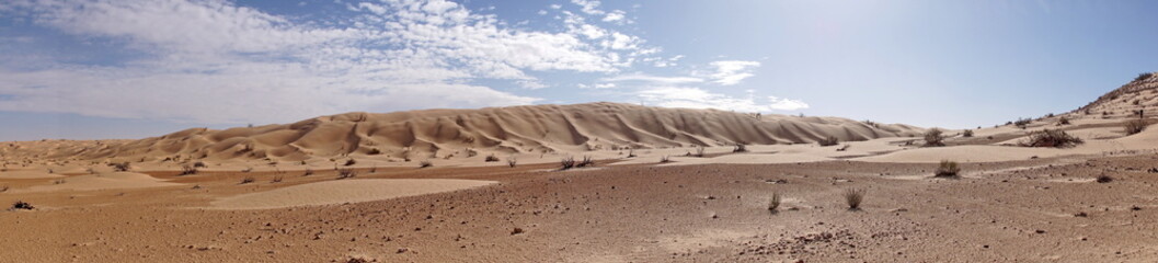Fototapeta na wymiar Panorama of sand dunes surrounding a valley in the Sahara Desert, outside of Douz, Tunisia