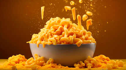 A steaming hot bowl of creamy mac and cheese, with perfectly cooked elbow macaroni coated in a golden cheddar cheese sauce, Generative AI