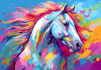banner Original colorful painting in multi colors of a horse on a cardboard. Modern art. Colorful artistic painting white horse, ai generative