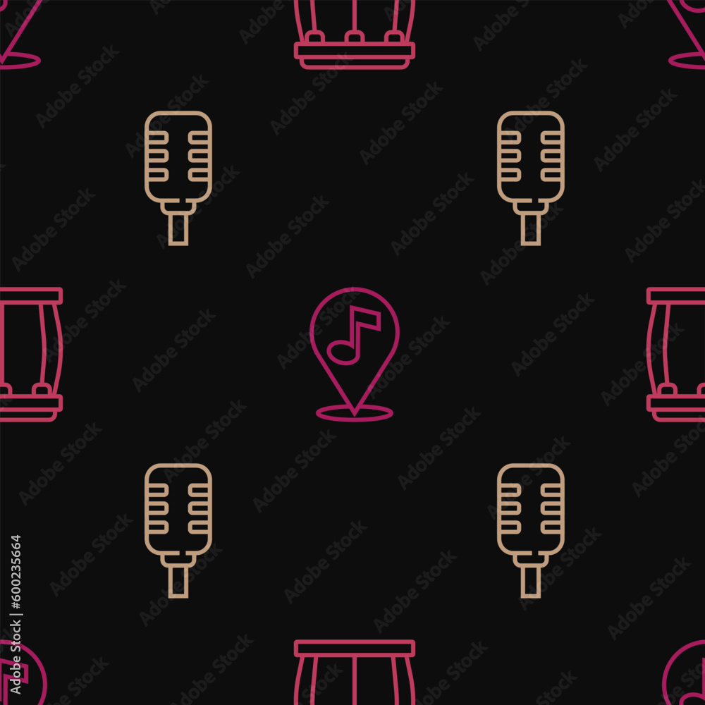Poster set line drum, microphone and location musical note on seamless pattern. vector