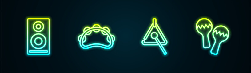 Set line Stereo speaker, Tambourine, Triangle and Maracas. Glowing neon icon. Vector