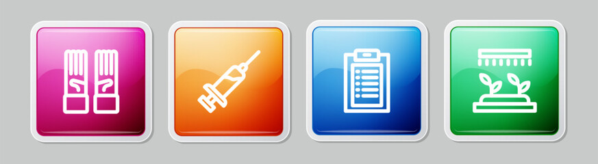 Set line Medical rubber gloves, Syringe, Clinical record and Automatic irrigation sprinklers. Colorful square button. Vector