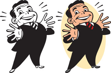 A vintage retro cartoon of a proud businessman boasting about his success. proud,man,boasting,pride,success,businessman,business,suit,tie,happy,people,male,character,cartoon,retro,vintage,illustration