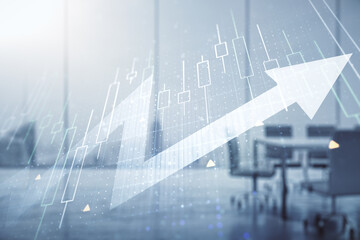 Abstract creative financial diagram and upward arrow hologram on a modern boardroom background, growth and development concept