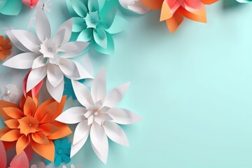 3d abstract pastel paper origami flowers background top view copy space. AI generated