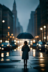 Obraz premium Young girl in a big city in the rain with an umbrella (Generative AI, Generativ, KI)