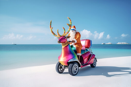 creative illustration of Santa Claus on a futuristic car on the beach in the background the sea. christmas and new year concept Generative AI