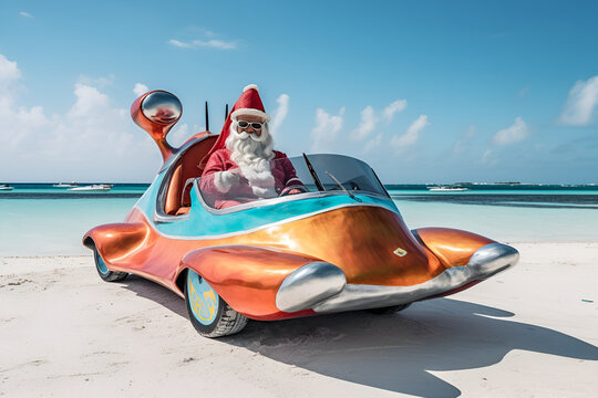 creative illustration of Santa Claus on a futuristic car on the beach in the background the sea. christmas and new year concept Generative AI