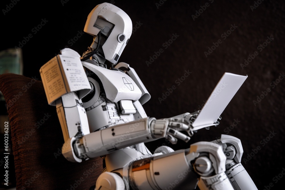 Poster laptop hand technology office ai digital artificial document robot paper. generative ai.