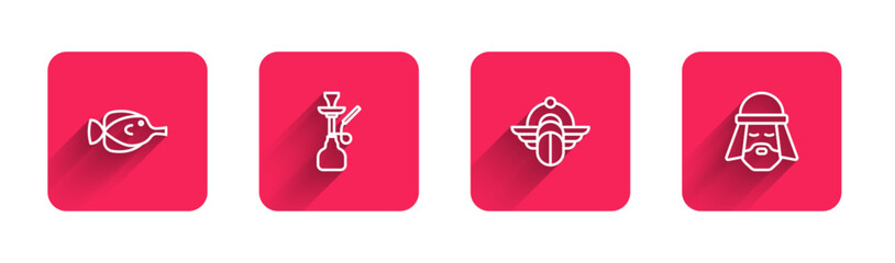 Set line Butterfly fish, Hookah, Egyptian Scarab and man with long shadow. Red square button. Vector