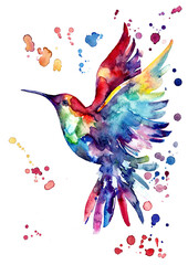 Fototapeta premium Watercolor Hummingbird art, little bird drawing