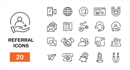 Referral icons set.Refer friend line icons set. Set of simple Contact us icons for web and mobile app. Connection and communication. Vector illustration
