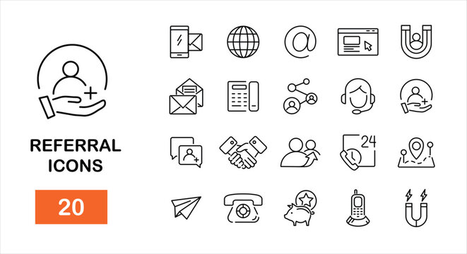 Referral icons set.Refer friend line icons set. Set of simple Contact us icons for web and mobile app. Connection and communication. Vector illustration
